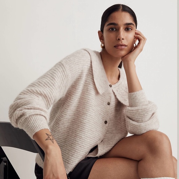 SOLD Madewell Pointelle Collar Sweater Alpaca Wool Cardigan Sweater Cream Large - Picture 2 of 8